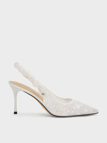 Tayari Embroidered-Mesh Slingback Pumps, White, hi-res