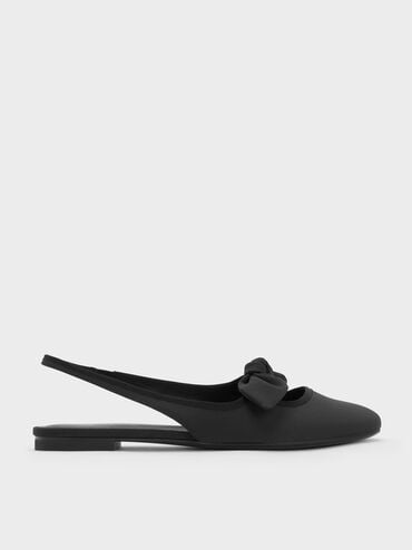 Knot-Bow Slingback Flats, Black Textured, hi-res
