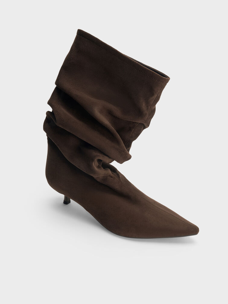 Faux Suede Ruched Kitten-Heel Calf Boots, Dark Brown Textured, hi-res