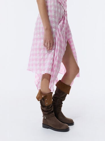 Ellis Faux Suede Ruched Buckled Fold-Over Thigh-High Boots, Dark Brown Textured, hi-res