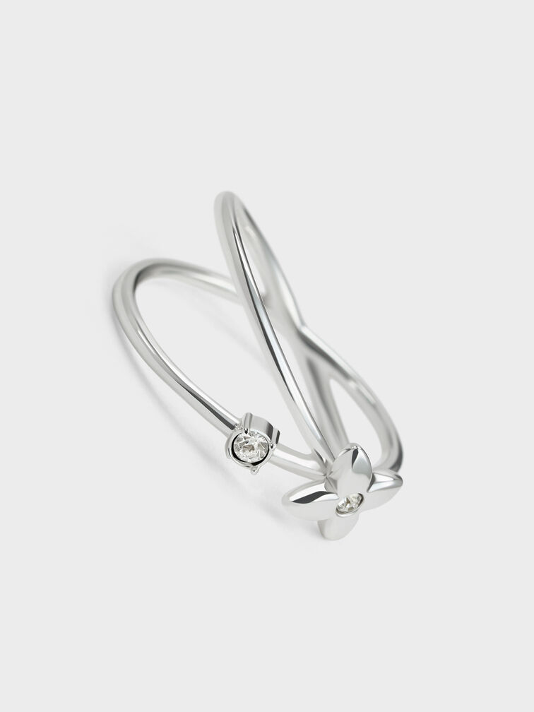 Felicity Flower-Motif Crystal Crossover Ring, Silver, hi-res