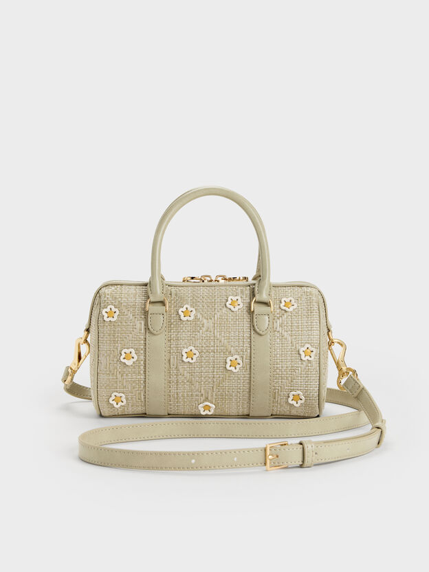 Philomena Raffia Flower Bowling Bag, Pale Olive, hi-res