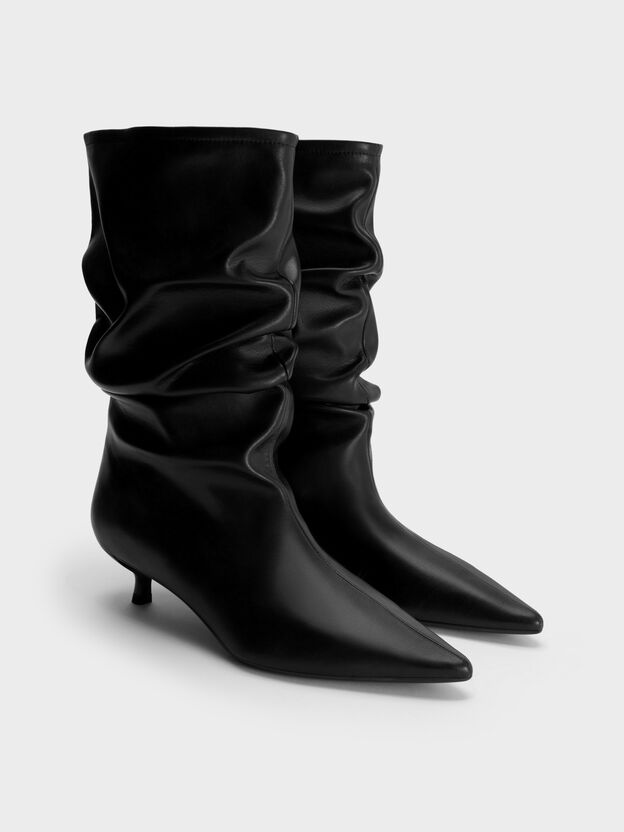 Ruched Kitten-Heel Calf Boots, Black, hi-res