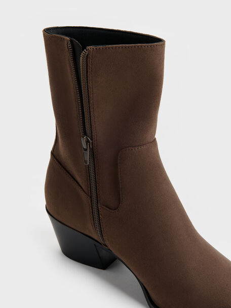 Faux Suede Tapered Ankle Boots, Dark Brown Textured, hi-res