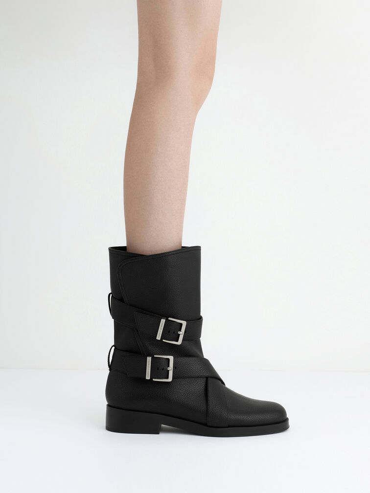Brett Buckle-Strap Calf Boots, Black, hi-res