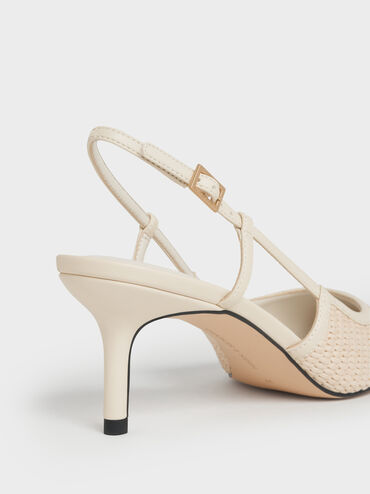 Raffia Pointed-Toe Slingback Pumps, Chalk, hi-res