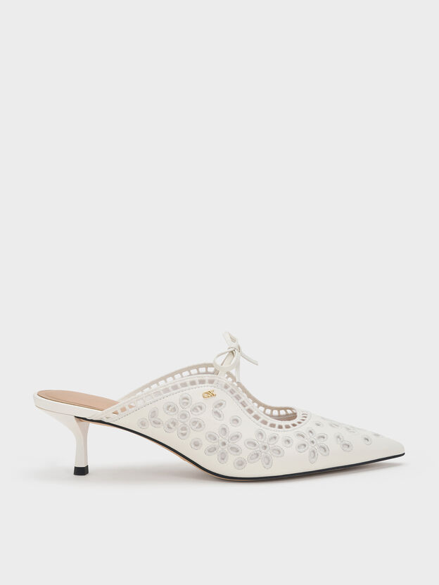 Leather Embroidered Heeled Mules, White, hi-res