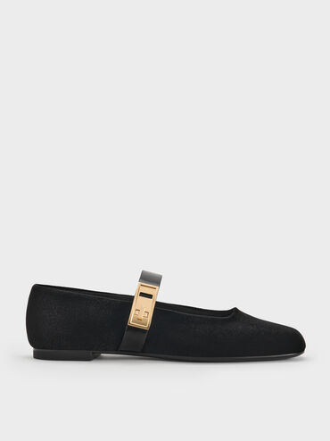 Lando Velvet Metallic-Buckle Mary Jane Flats, Black Textured, hi-res