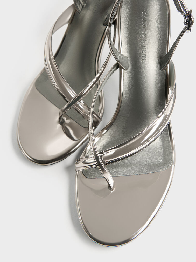 Metallic Stiletto Slingback Thong Sandals, Pewter, hi-res