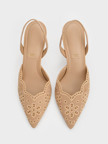 Leather Embroidered Pointed Slingback Pumps, Beige, hi-res