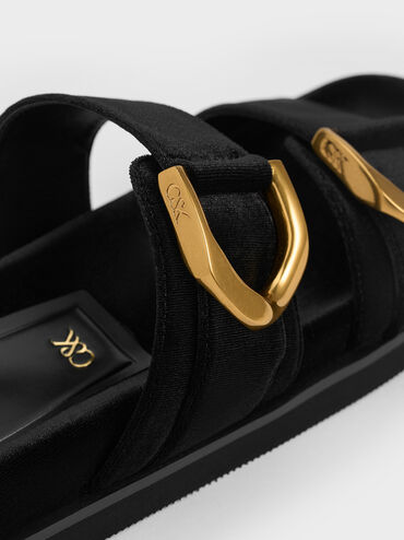 Gabine Velvet Gold-Buckle Slides, Black Textured, hi-res