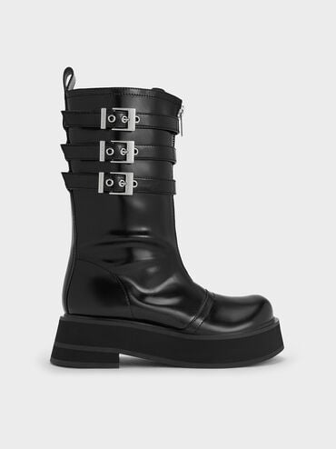 Nikki Triple-Buckle Calf Boots, Black, hi-res