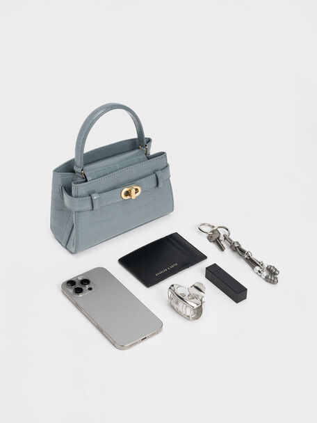 Aubrielle Croc-Effect Belted Top Handle Bag, Smoky Blue, hi-res