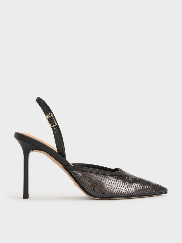 Sequin Mesh & Leather Pointed Slingback Pumps, Black Textured, hi-res