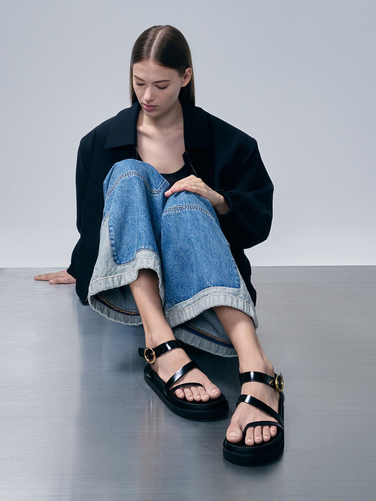 Buckled Ankle-Strap Strappy Sandals, Black Box, hi-res