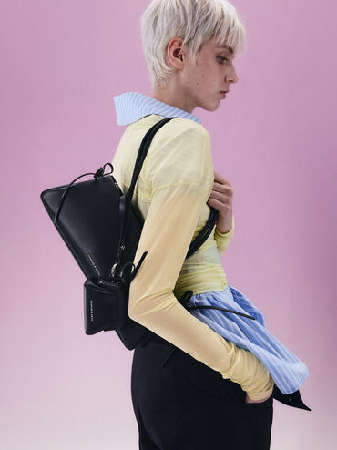 Hazel Bow Elongated Trapeze Shoulder Bag, Noir, hi-res