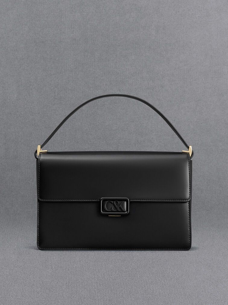 Leather Shoulder Bag, Black Leather Shoulder Bag, Black, hi-res