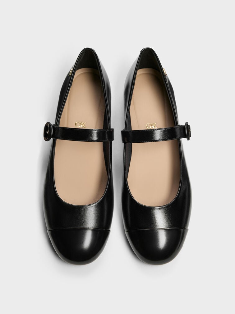Leather Cap-Toe Mary Janes, Black, hi-res