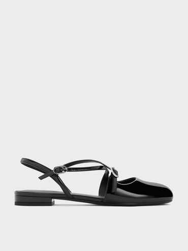 Patent Crossover Buckled Slingback Flats, Black Patent, hi-res