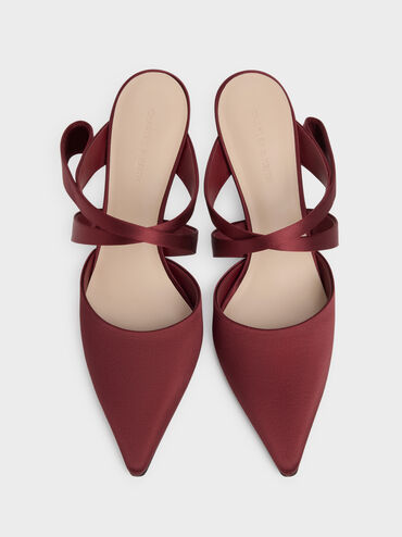 Satin Pleated-Strap Heeled Mules, Red, hi-res