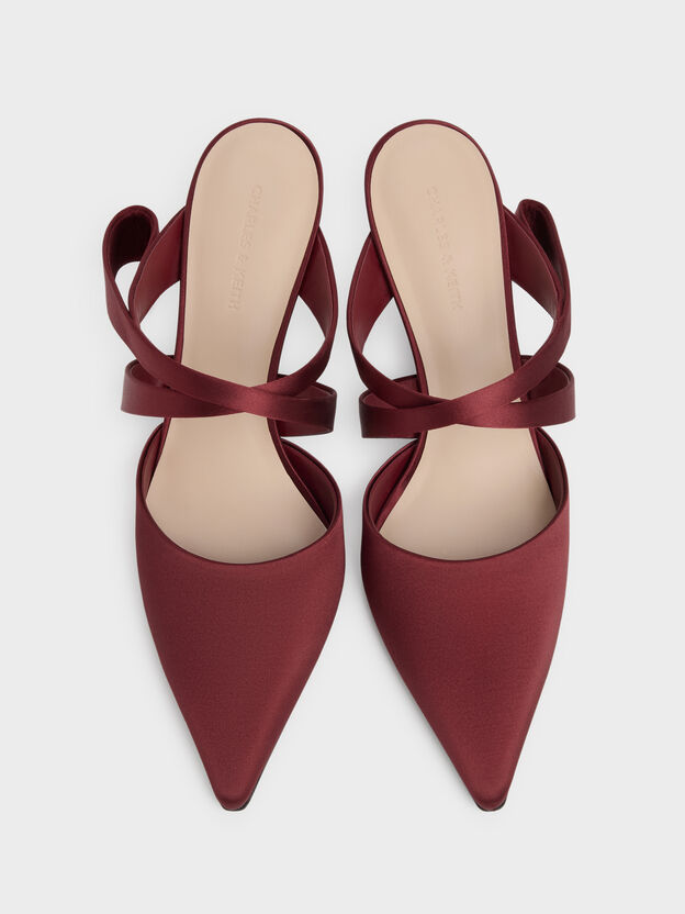 Satin Pleated-Strap Heeled Mules, Red, hi-res