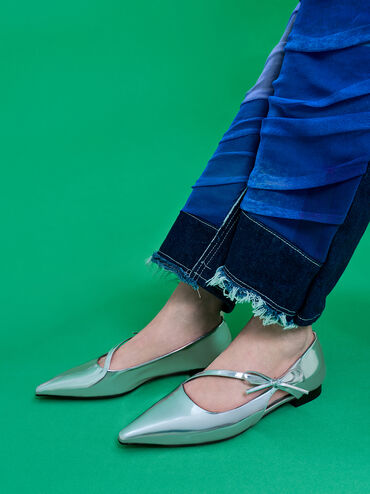 Metallic Pointed-Toe Bow-Strap Flats, Silver, hi-res