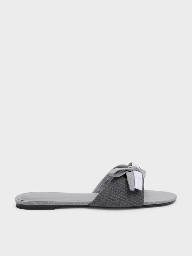 Striped Bow Slide Sandals, Grey, hi-res