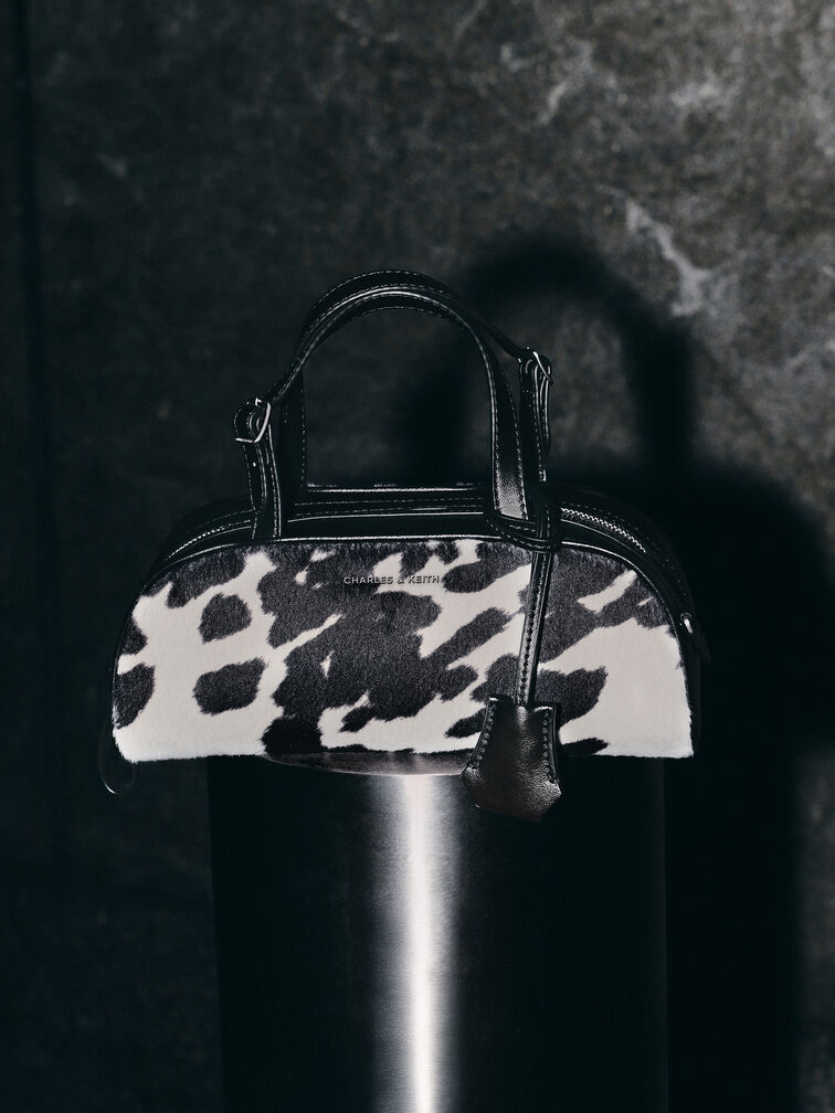 Vega Furry Cow-Print Elongated Bowling Bag, Multi, hi-res