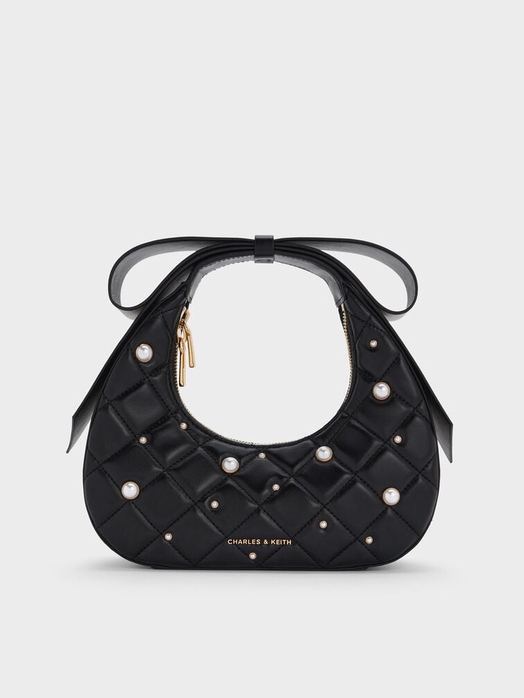 Janie Quilted Pearl-Embellished Bow-Handle Crescent Bag, Black, hi-res