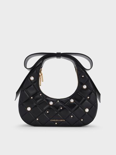 Janie Quilted Pearl-Embellished Bow-Handle Crescent Bag, Black, hi-res