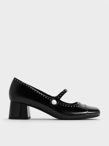 Studded Mary Jane Pumps, Black Box, hi-res