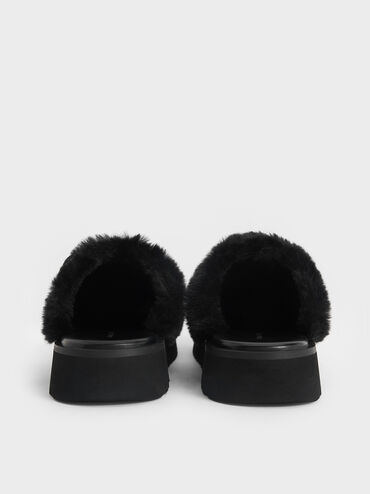 Hannah Textured Fur-Trim Buckled Mules, Black, hi-res