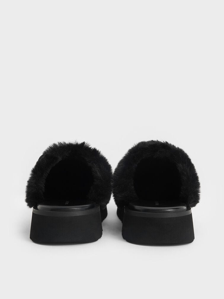 Hannah Textured Fur-Trim Buckled Mules, Black, hi-res