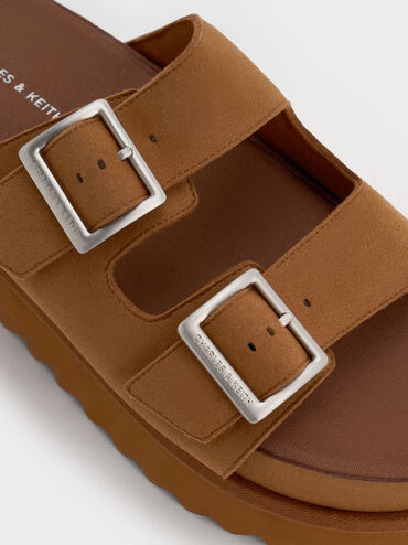 Buckled Double-Strap Flatform Sandals, Brown, hi-res