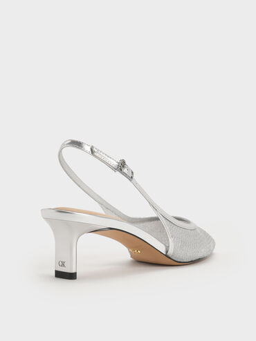 Sequin Mesh & Leather Slingback Kitten Heels, Silver, hi-res