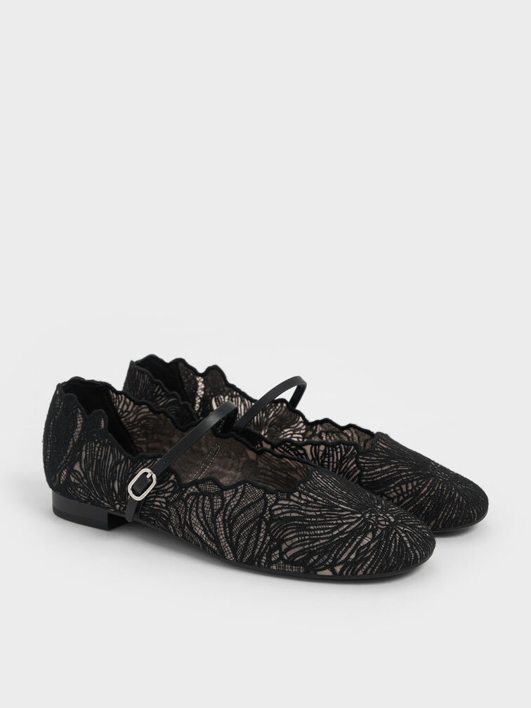 Meja Floral Mary Jane Flats, Black Textured, hi-res