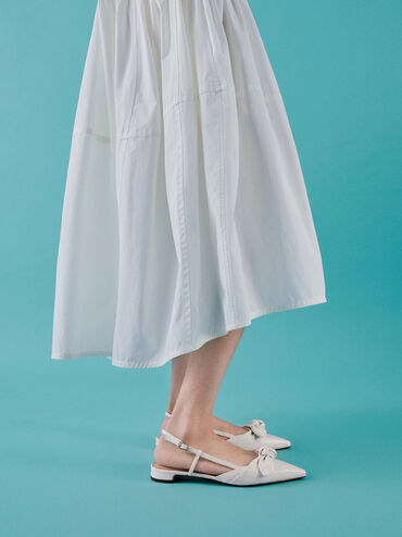 Jayce Leather Crinkle-Effect Knot-Bow Slingback Flats, White, hi-res