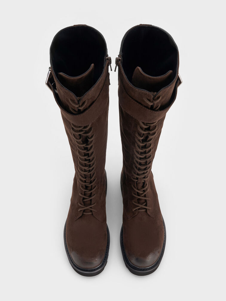 Darian Faux Suede Lace-Up Buckle-Strap Knee-High Boots, Dark Brown Textured, hi-res