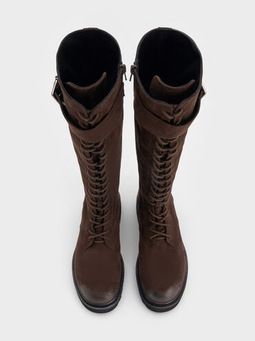Darian Faux Suede Lace-Up Buckle-Strap Knee-High Boots, Dark Brown Textured, hi-res