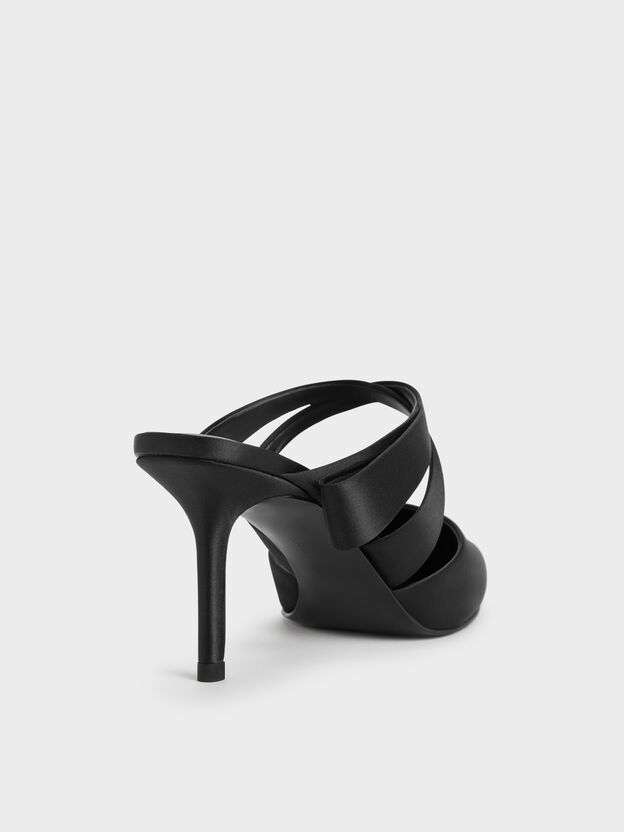 Satin Pleated-Strap Heeled Mules, Black Textured, hi-res
