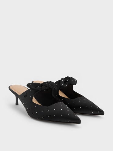 Jayce Dotted Knot-Bow Kitten-Heel Mules, Black Textured, hi-res
