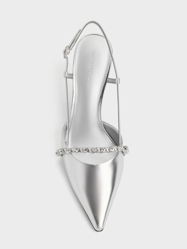 Metallic Crystal Slingback Pumps, Silver, hi-res