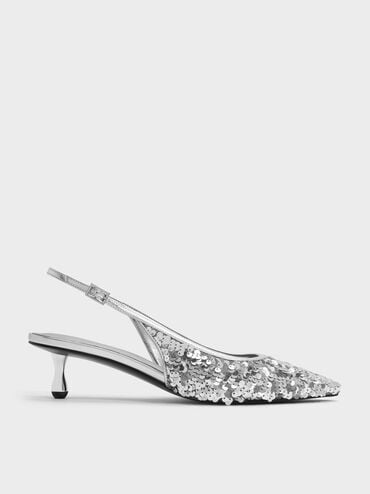 Ruthie Sequinned Slingback Pumps, Silver, hi-res