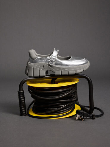 Yunna Metallic Leather & Recycled Fabric Mary Jane Sneakers, Silver, hi-res