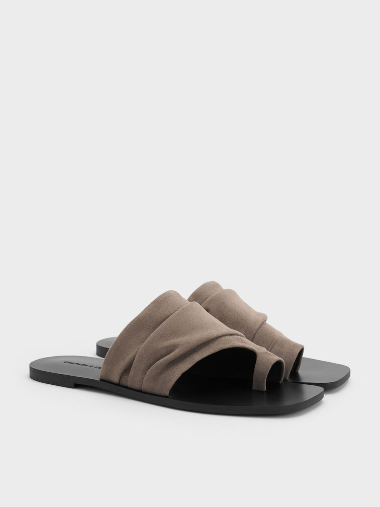Faux Suede Ruched Toe-Ring Sandals, Taupe, hi-res