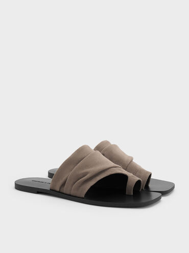 Faux Suede Ruched Toe-Ring Sandals, Taupe, hi-res