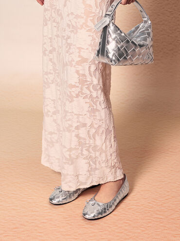 Ivette Metallic Woven Shoulder Bag, Silver, hi-res