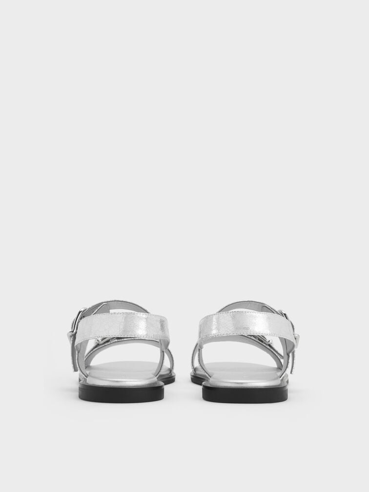 Metallic Double Buckle-Strap Slingback Sandals, Silver, hi-res