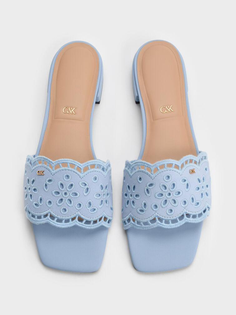 Leather Embroidered Slide Sandals, Light Blue, hi-res