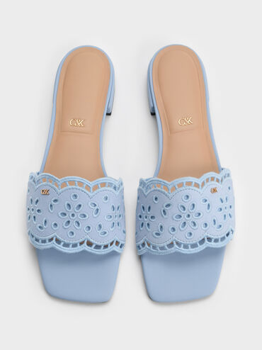 Leather Embroidered Slide Sandals, Light Blue, hi-res